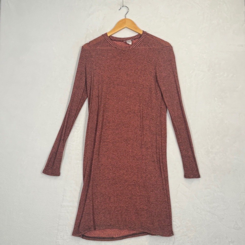 Hot Ginger Red Striped Long Sleeve Ribbed Knit Mini Dress Medium
